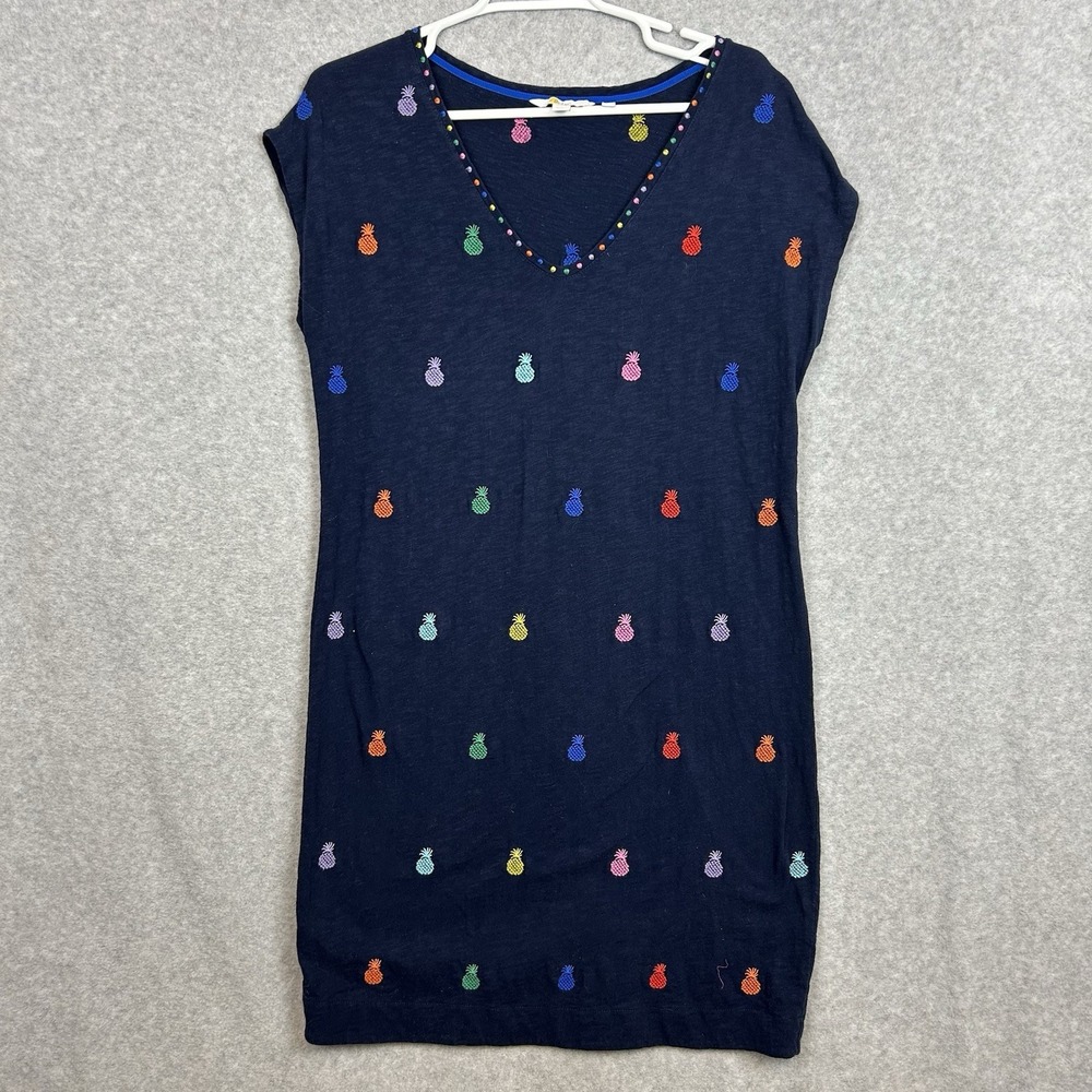Boden Dress Pineapple Polly 8R Embroidered Navy Blue V-Neck Cap Sleeve